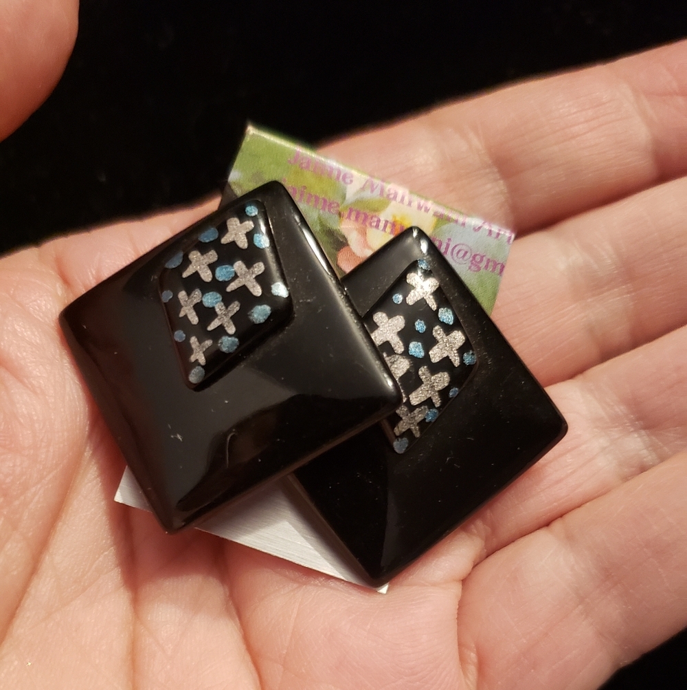 Vintage Pierced Black Earrings W Posts Modern Geometric Design, Black, Glossy.